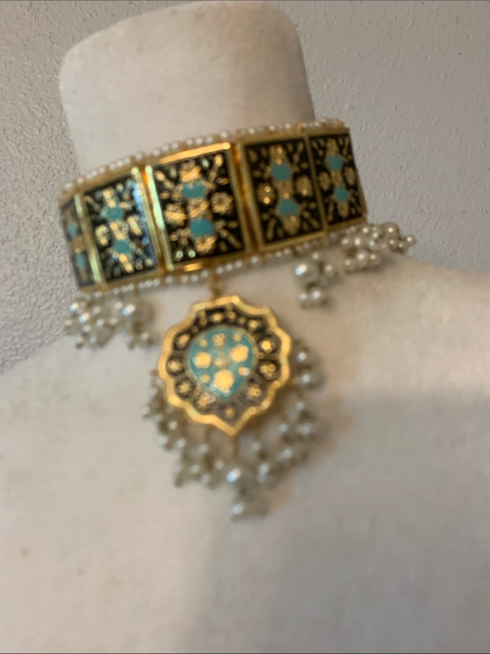 Gold-Tone Choker Necklace with Turquoise Enamel and Pearl Fringe